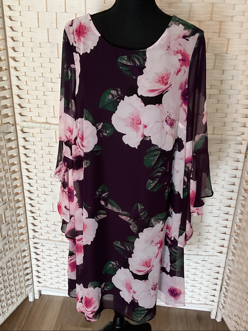 Nine West Dark Plum Floral Ruffle-Sleeve Swing Dress